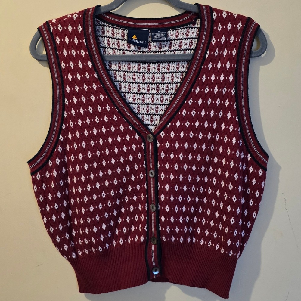 Vintage 90s Lizsport Sweater Vest Women Medium Burgundy Diamond Knit Preppy